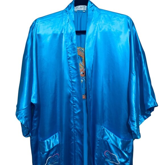 Vintage Blue Satin 5-Claw Dragon Embroidered Kimono Robe Pockets For Men Women - Picture 4 of 13